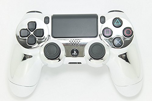 PS4 Dualshock 4 Full Controller with Custom Chrome Silver Shell, Bundled with 4 Custom Thumbstick Covers ( GOLD BAG )