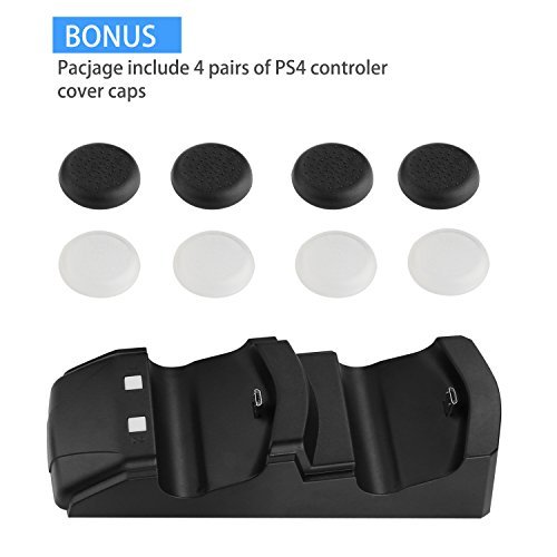 Pecham DualShock 4 Dual Charging Station – PS4 Controller Charger Dock – Modern Design & LED Indicator – USB Cable & 8 Thumb Grips for Joysticks Included – Black