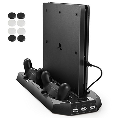 Pecham Vertical Stand for PS4 Slim / PS4 with Cooling Fan Dual Controller Charging Station 3 Extra USB Port - Black