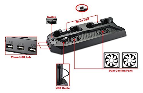 Pecham Vertical Stand for PS4 Slim / PS4 with Cooling Fan Dual Controller Charging Station 3 Extra USB Port - Black