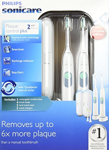 Philips Sonicare Plaque Control Plus Rechargeable Toothbrush HX6254/81 Twin Pack (2 Rechargeable Toothbrushes, 4 Brush Heads, 2 travel cases, and 2 Chargers) 