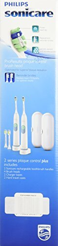 Philips Sonicare Plaque Control Plus Rechargeable Toothbrush HX6254/81 Twin Pack (2 Rechargeable Toothbrushes, 4 Brush Heads, 2 travel cases, and 2 Chargers) 