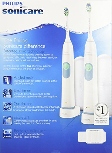 Philips Sonicare Plaque Control Plus Rechargeable Toothbrush HX6254/81 Twin Pack (2 Rechargeable Toothbrushes, 4 Brush Heads, 2 travel cases, and 2 Chargers) 