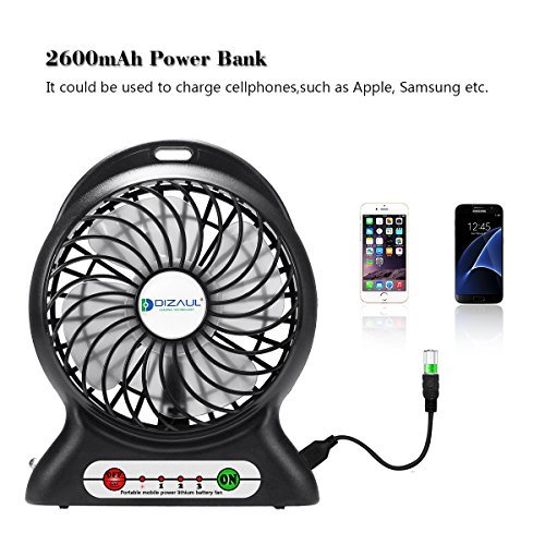 Portable Fan, Dizaul mini usb rechargeable fan with 2600mAh Power Bank and Flash light,for Traveling,Fishing,Camping,Hiking,Backpacking,BBQ,Baby Stroller,Picnic,Biking,Boating (Black)