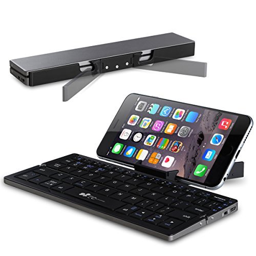 Portable Folding Bluetooth Keyboard EC Technolgy Wireless Mini Keyboard with Stand Ultra Slim Rechargeable for IOS Android Windows, Aluminum Alloy Black