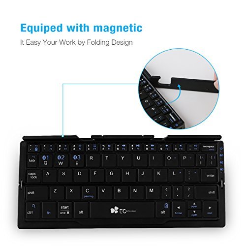 Portable Folding Bluetooth Keyboard EC Technolgy Wireless Mini Keyboard with Stand Ultra Slim Rechargeable for IOS Android Windows, Aluminum Alloy Black