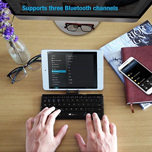 Portable Folding Bluetooth Keyboard EC Technolgy Wireless Mini Keyboard with Stand Ultra Slim Rechargeable for IOS Android Windows, Aluminum Alloy Black