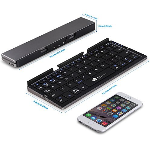 Portable Folding Bluetooth Keyboard EC Technolgy Wireless Mini Keyboard with Stand Ultra Slim Rechargeable for IOS Android Windows, Aluminum Alloy Black