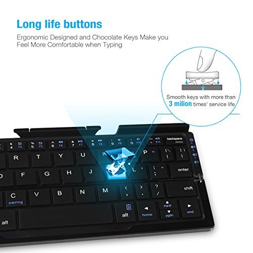 Portable Folding Bluetooth Keyboard EC Technolgy Wireless Mini Keyboard with Stand Ultra Slim Rechargeable for IOS Android Windows, Aluminum Alloy Black