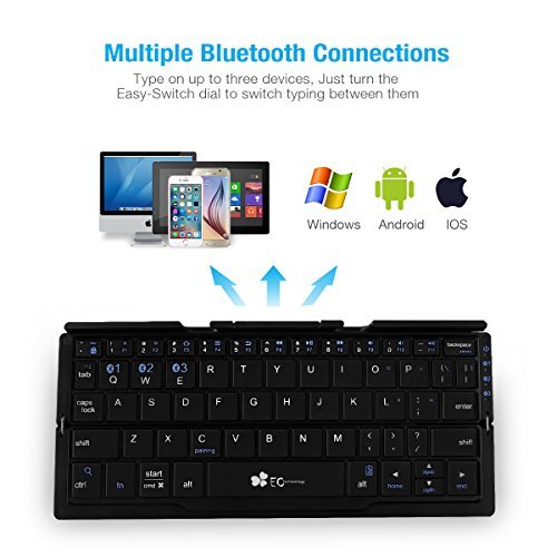 Portable Folding Bluetooth Keyboard EC Technolgy Wireless Mini Keyboard with Stand Ultra Slim Rechargeable for IOS Android Windows, Aluminum Alloy Black