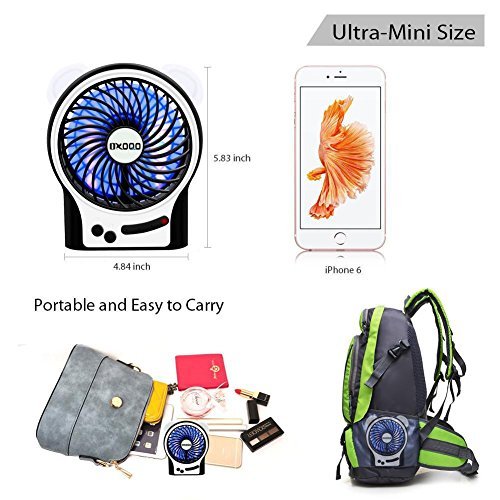 Portable USB Mini Fan, OXOQO Desk Desktop Table Electric Quiet Fan with LED Light, Built-in 2500mah Rechargeable Battery for Room Office Outdoor Travel Camping Car, Black