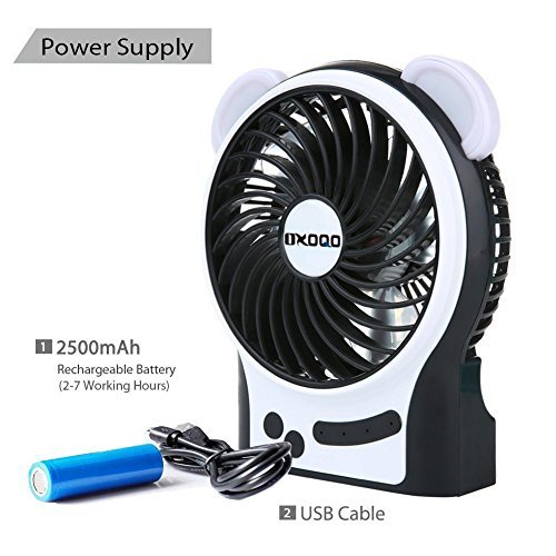 Portable USB Mini Fan, OXOQO Desk Desktop Table Electric Quiet Fan with LED Light, Built-in 2500mah Rechargeable Battery for Room Office Outdoor Travel Camping Car, Black