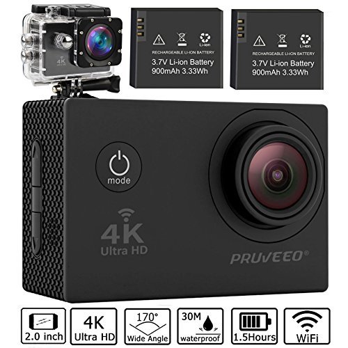 Pruveeo DV200 Waterproof Sports Action Camera with WiFi, 4K Video Camcorders, 170 degree angle with SONY Sensor, 25 Accessories Kits, 2 pcs Rechargeable Batteries