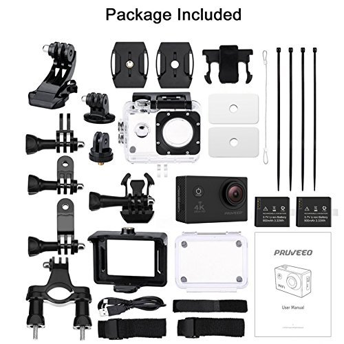 Pruveeo DV200 Waterproof Sports Action Camera with WiFi, 4K Video Camcorders, 170 degree angle with SONY Sensor, 25 Accessories Kits, 2 pcs Rechargeable Batteries