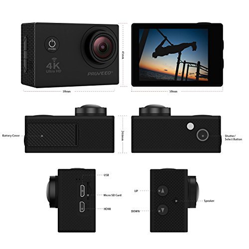 Pruveeo DV200 Waterproof Sports Action Camera with WiFi, 4K Video Camcorders, 170 degree angle with SONY Sensor, 25 Accessories Kits, 2 pcs Rechargeable Batteries