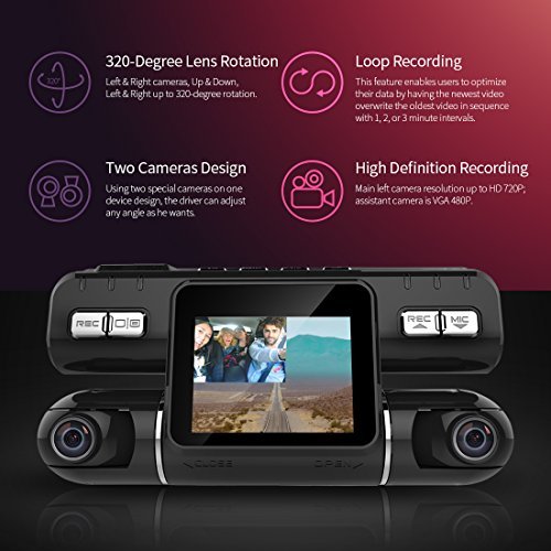 Pruveeo MX2 Dash Cam Front and Rear Dual Camera for Cars, 240 Degree Wide Angle Driving Recorder DVR