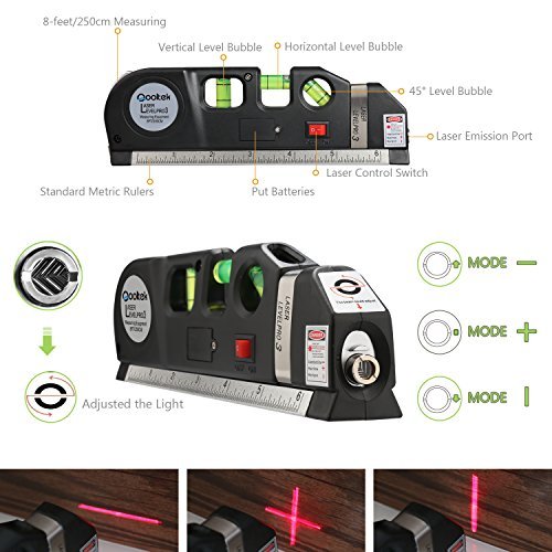 Qooltek Multipurpose Laser Level laser measure Line 8ft+ Measure Tape Ruler Adjusted Standard and Metric Rulers