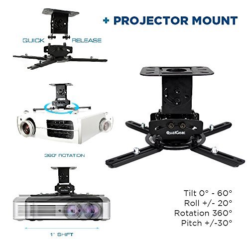 QualGear PRB-717-BLK-120W-25FT projector ceiling mount bundle with 120" ultra white fixed frame projector screen & 25′ HDMI Cable Hardware Mount (PRB-717-BLK-120W-25FT)