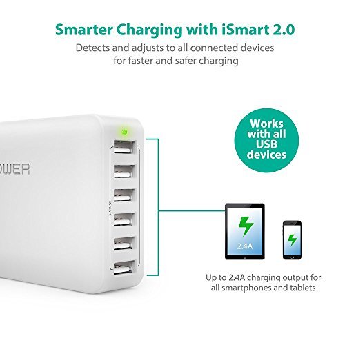 RAVPower 60W 12A 6-Port USB Charger Desktop Charger Charging Station with iSmart Technology (White)