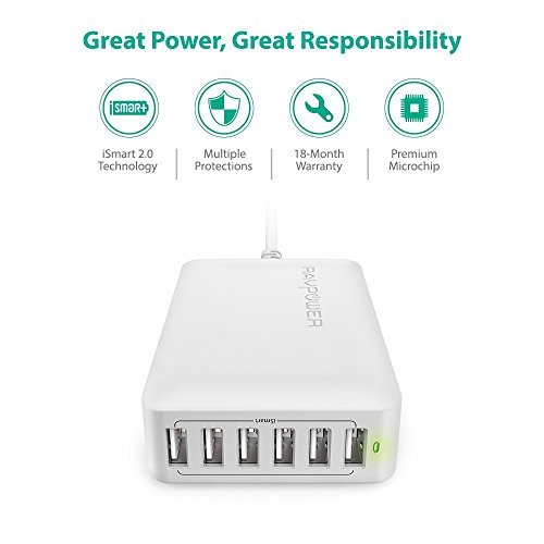 RAVPower 60W 12A 6-Port USB Charger Desktop Charger Charging Station with iSmart Technology (White)