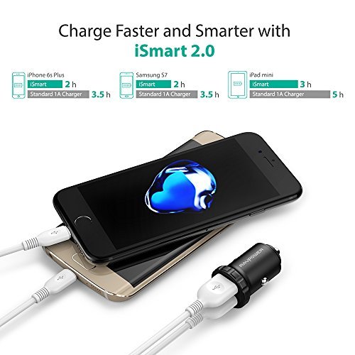 RAVPower Car Charger Super Mini Dual USB Car Charger with iSmart 2.0 Technology for iPhone 7 / 6s / Plus, iPad Pro / Air 2 / mini, Galaxy S8/ S7 / S6 / Edge / Plus, Note 5 / 4 - Black