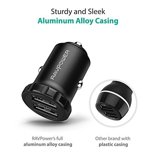RAVPower Car Charger Super Mini Dual USB Car Charger with iSmart 2.0 Technology for iPhone 7 / 6s / Plus, iPad Pro / Air 2 / mini, Galaxy S8/ S7 / S6 / Edge / Plus, Note 5 / 4 - Black