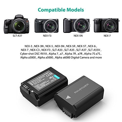 RAVPower For Sony NP-FW50 Battery Charger Set ( 2-Pack Replacement Batteries, Micro USB Input Charger, Versatile Charging Option, 1100mAh, 100% Compatible with Original )