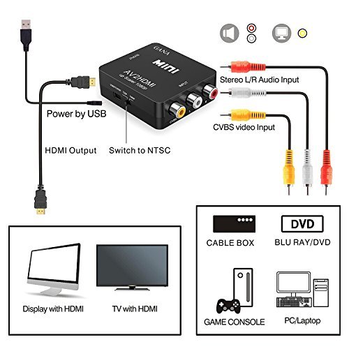 RCA to HDMI, GANA 1080P Mini RCA Composite CVBS AV to HDMI Video Audio Converter Adapter Supporting PAL/NTSC with USB Charge Cable for PC Laptop Xbox PS4 PS3 TV STB VHS VCR Camera DVD
