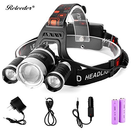 RELEEDER 5000 Lumens Max Bright Zoomable 4 Modes Waterproof Headlight Headlamp Flashlight Torch LED with 2 Rechargeable Batteries, USB Cable and Wall Car Charger for Hiking Camping Riding Fishing etc