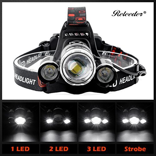 RELEEDER 5000 Lumens Max Bright Zoomable 4 Modes Waterproof Headlight Headlamp Flashlight Torch LED with 2 Rechargeable Batteries, USB Cable and Wall Car Charger for Hiking Camping Riding Fishing etc