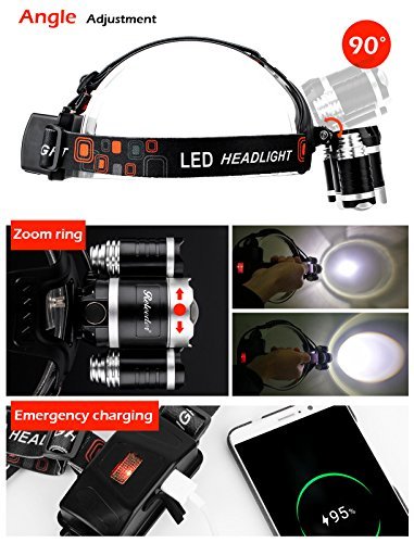 RELEEDER 5000 Lumens Max Bright Zoomable 4 Modes Waterproof Headlight Headlamp Flashlight Torch LED with 2 Rechargeable Batteries, USB Cable and Wall Car Charger for Hiking Camping Riding Fishing etc