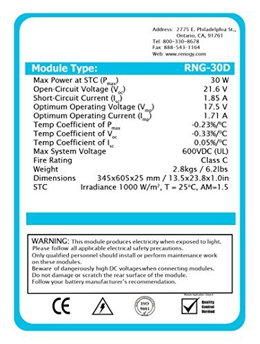 Renogy 30 Watts 12 Volts Monocrystalline Solar Panel