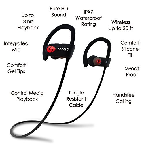 SENSO Bluetooth Headphones, Best Wireless Sports Earphones w/ Mic IPX7 Waterproof HD Stereo Sweatproof Earbuds for Gym Running Workout 8 Hour Battery Noise Cancelling Headsets