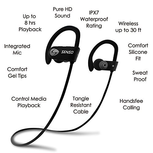 SENSO Bluetooth Headphones Wireless Sports Earphones - w/ Mic, IPX7 Waterproof, HD Stereo Sweatproof Earbuds, for Gym Running Workout, 8 Hour Battery, Noise Cancelling Headsets