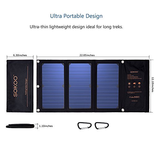 SOKOO 22W 5V 2-Port USB Portable Foldable Solar Charger with High Efficiency Solar Panel, Reinforced and Waterproof, for Cell Phone, iPhone, Backpack and Outdoors (Black)