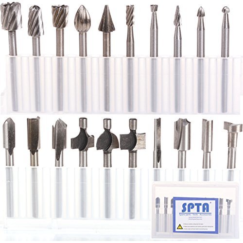 SPTA 10Pc HSS Router Carbide Engraving Bits & 10Pcs Router Bit 1/8"(3mm) Shank For Proxxon Dremel Rotary Tools for DIY Woodworking, Carving, Engraving, Drilling