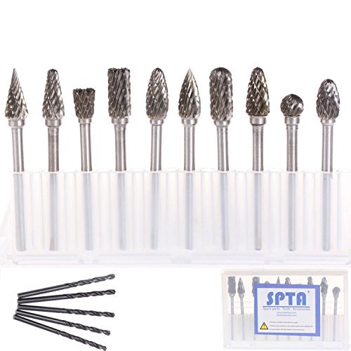 SPTA 10Pcs Double Cut Tungsten Carbide Rotary Burr SET 1/8" (3mm) Shank With 3mm Twist Drill Bit Fit Proxxon Dremel Rotary Tools for DIY Woodworking, Carving, Engraving, Drilling