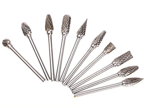 SPTA 10Pcs Double Cut Tungsten Carbide Rotary Burr SET 1/8" (3mm) Shank With 3mm Twist Drill Bit Fit Proxxon Dremel Rotary Tools for DIY Woodworking, Carving, Engraving, Drilling
