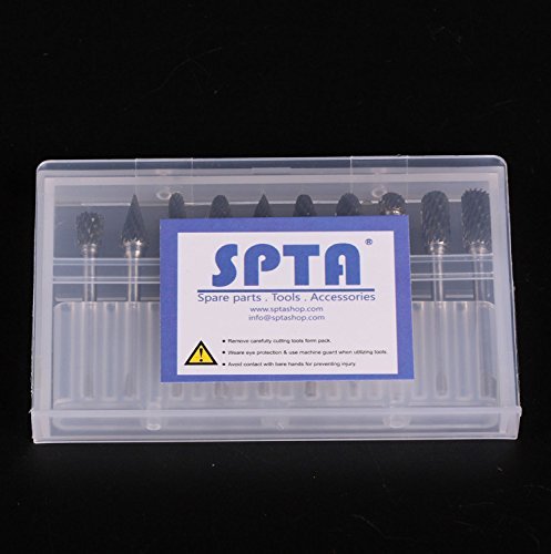 SPTA 10Pcs Double Cut Tungsten Carbide Rotary Burr SET 1/8" (3mm) Shank With 3mm Twist Drill Bit Fit Proxxon Dremel Rotary Tools for DIY Woodworking, Carving, Engraving, Drilling