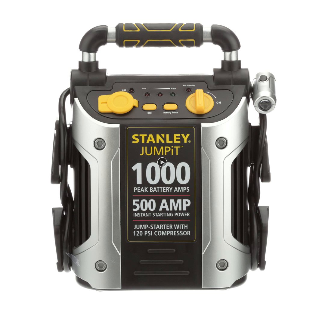 STANLEY J5C09 Jump Starter: 1000 Peak/500 Instant Amps, 120 PSI Air Compressor
