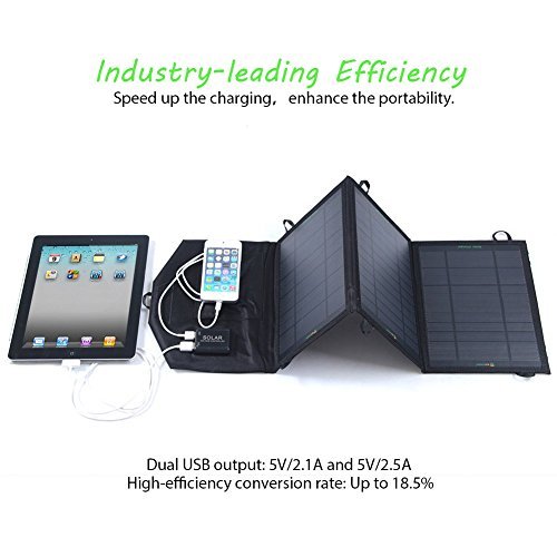 SUNKINGDOM™ 19.5W 2-Port USB Solar Charger with Portable Foldable Solar Panel PowermaxIQ Technology for iPhone, iPad, iPod, Samsung, Camera, and More (Black)