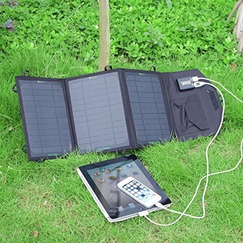 SUNKINGDOM™ 19.5W 2-Port USB Solar Charger with Portable Foldable Solar Panel PowermaxIQ Technology for iPhone, iPad, iPod, Samsung, Camera, and More (Black)