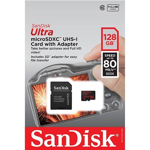 SanDisk Ultra 128GB UHS-I Class 10 MicroSDXC Memory Card Up to 80mb/s SDSQUNC-128G with Adapter