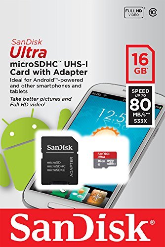 SanDisk Ultra 16GB Ultra Micro SDHC UHS-I/Class 10 Card with Adapter (SDSQUNC-016G-GN6MA)