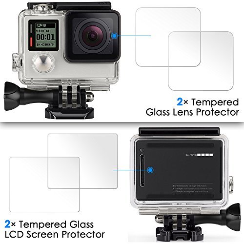 Screen Protector for GoPro Hero 4 Black/Silver (Screen and Lens), AFUNTA 2 Pack (4 Pcs) HERO4 Anti-scratch Water-proof Tempered Glass Film Accessory