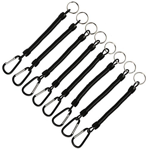 Shelure Black Fishing Lanyard Accessories Plastic Retractable Coiled Tether with Carabiner for Pliers Lip Grips Tackle Fish Tools (Pack of 8)