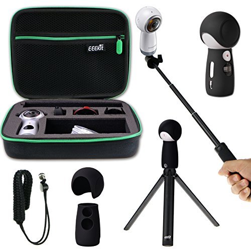 Shockproof Protective Carrying Case, Selfie Stick Monopod, Mini Tripod Stand, Soft Silicone Skin, Wrist Strap for Samsung Gear 360 2017, EEEKit All in One Accessory Kit (All in 1 Kit for 2017 Edition)