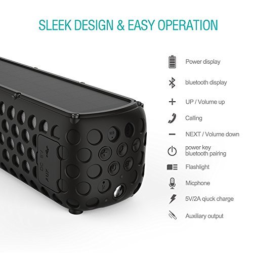 Solar Bluetooth Speaker, Airecho 30-Hour Playtime Dual-driver HD Stereo Portable Wireless Silicone Bluetooth 4.0 Speaker for Outdoor Sport ( Splashproof and Shockproof ) - Black