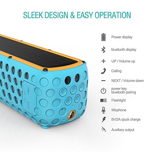 Solar Bluetooth Speaker, Dreamix 30 Hours Playtime IP65 Splashproof Portable Outdoor Wireless Silicone Dual Driver Bass Bluetooth 4.0 Speaker for Bike, Camping, Hiking - Blue