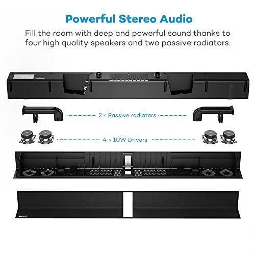 Soundbar, TaoTronics Sound Bar Wired and Wireless Bluetooth Audio ( 40 Watt Speaker,34-Inch, 2 Passive Radiators, Dual Connection Methods, Touch and Remote Control, Wall Mountable, Updated Version)